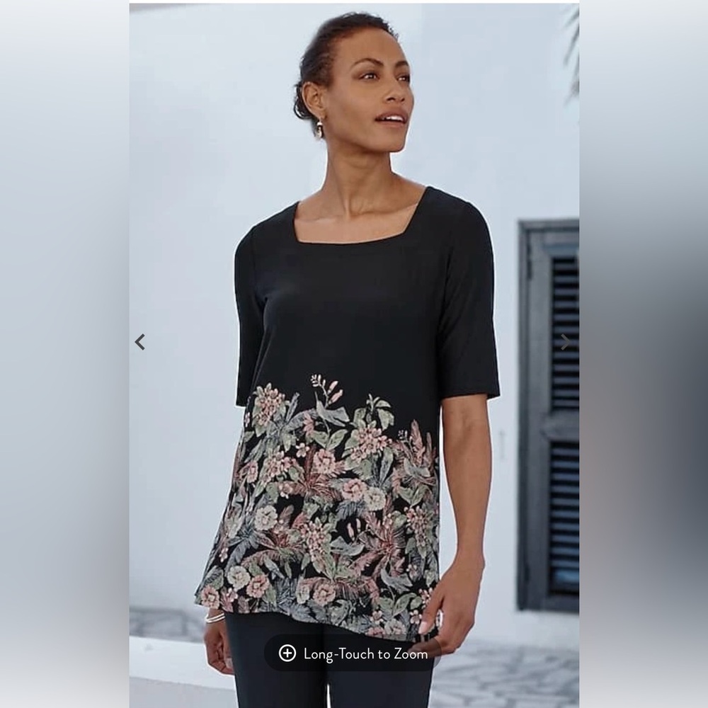 J. Jill Wearever Collection Black Square-Neck Tunic w/Floral Border Medium NWT